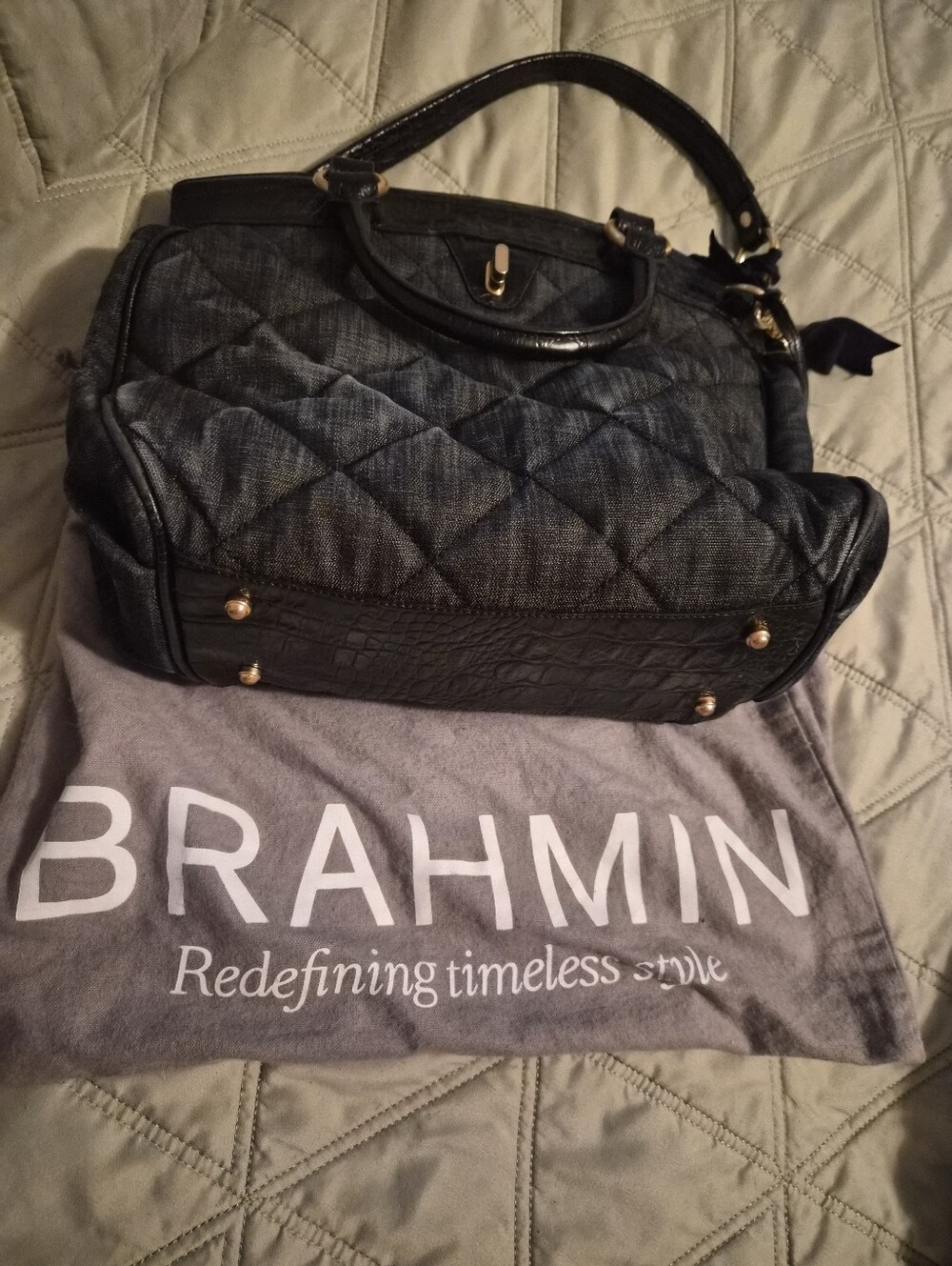 Brahmin Quilted Denim-Style Satchel with Black Trim